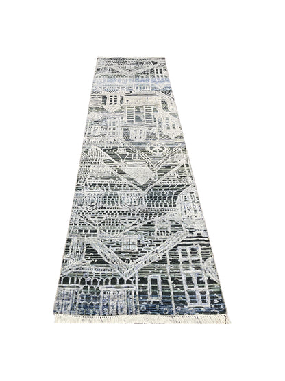 Grey, Silver and Blue Silk and Wool Modern Handknotted Runner Rug