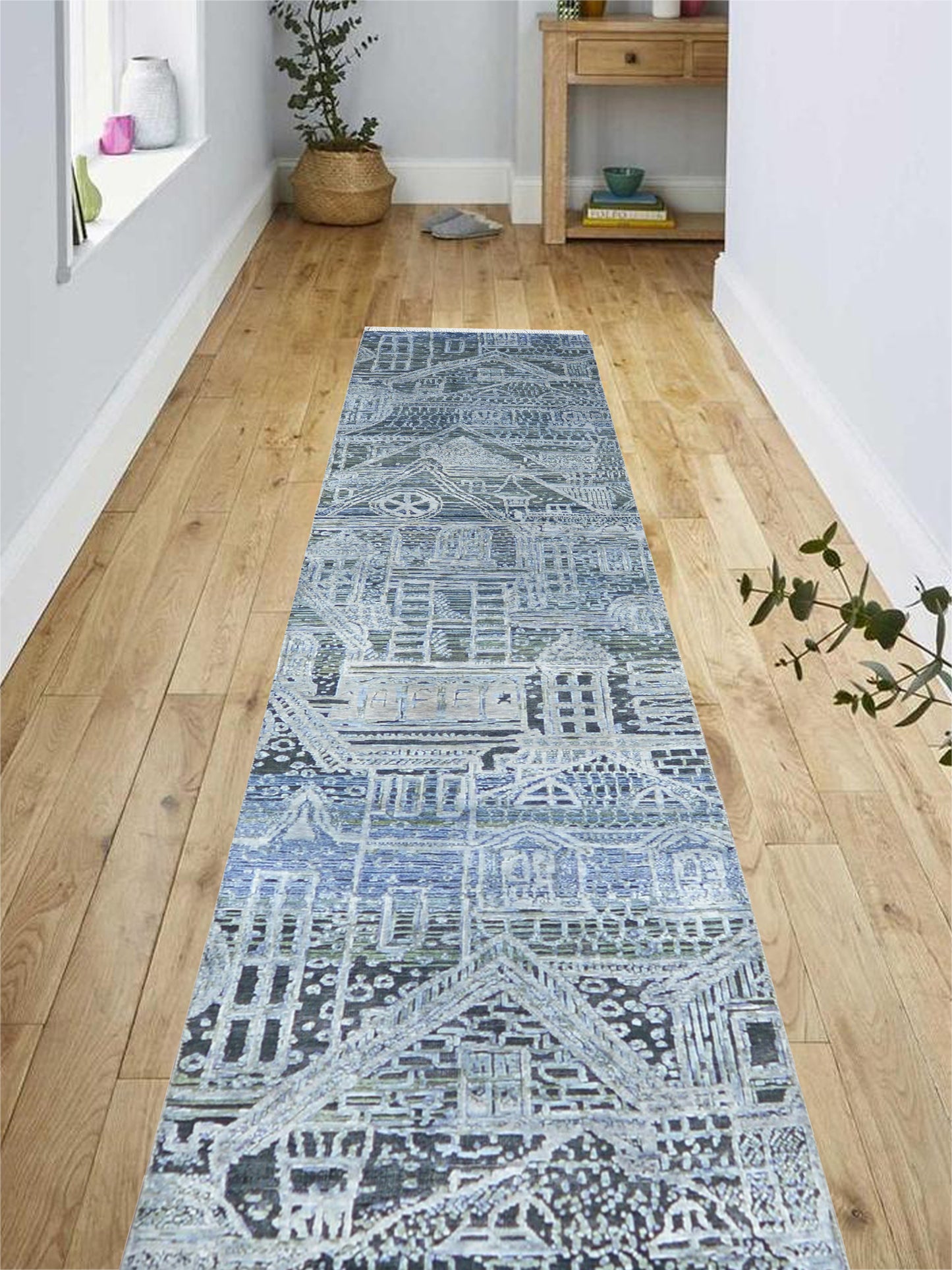 Grey, Silver and Blue Silk and Wool Modern Handknotted 2.7x9.10Ft 78x297Cms Runner Rug