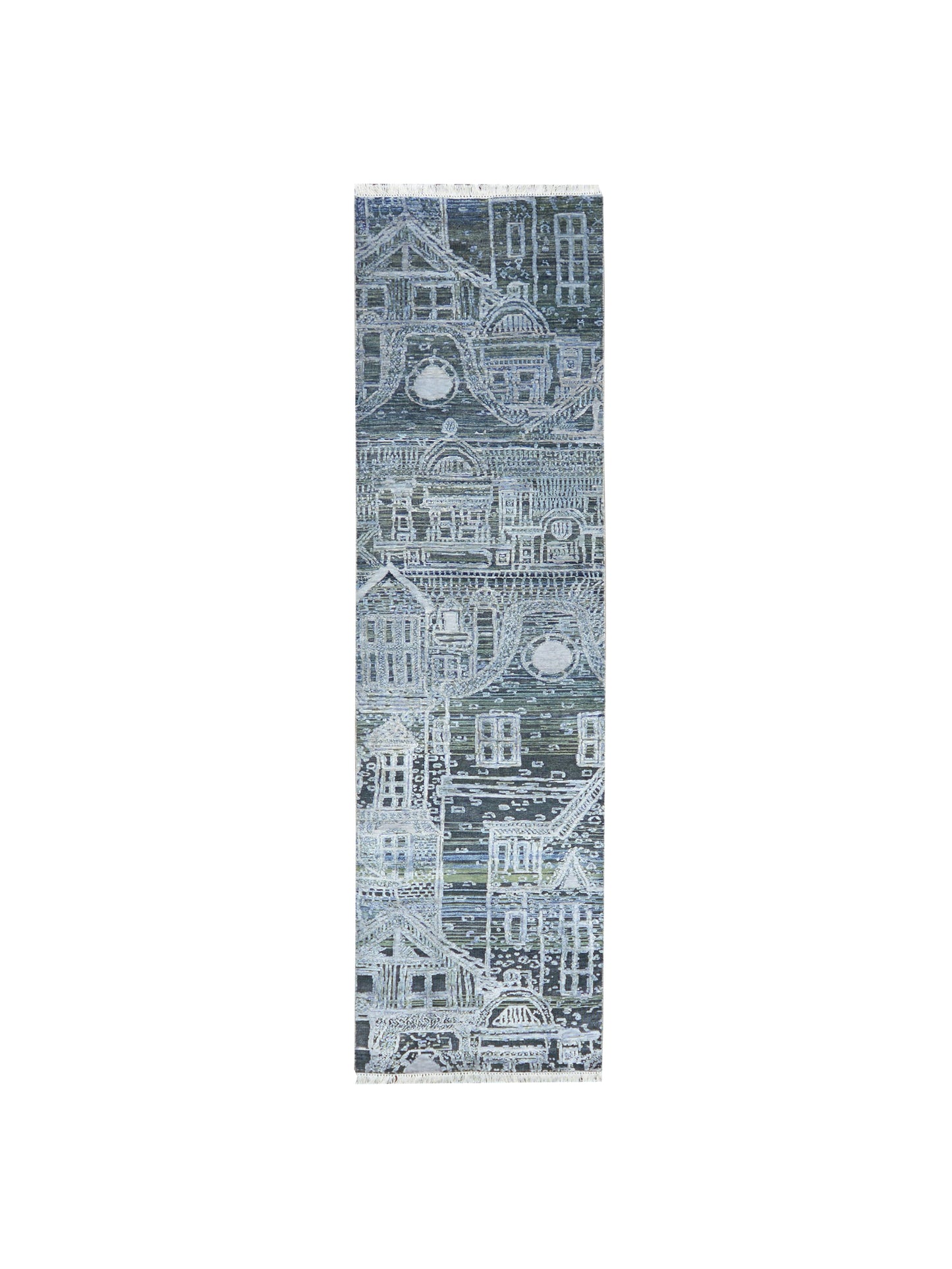 Silver and Grey, Viscose and Wool Oxidized Abstract Modern Handknotted 2.7x9.9Ft 78x296Cms Area Rug