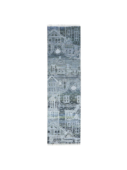 Silver and Grey, Viscose and Wool Oxidized Abstract Modern Handknotted 2.7x9.9Ft 78x296Cms Area Rug