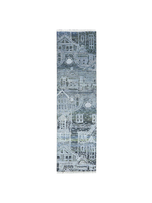 Silver and Grey, Viscose and Wool Oxidized Abstract Modern Handknotted 2.7x9.9Ft 78x296Cms Area Rug