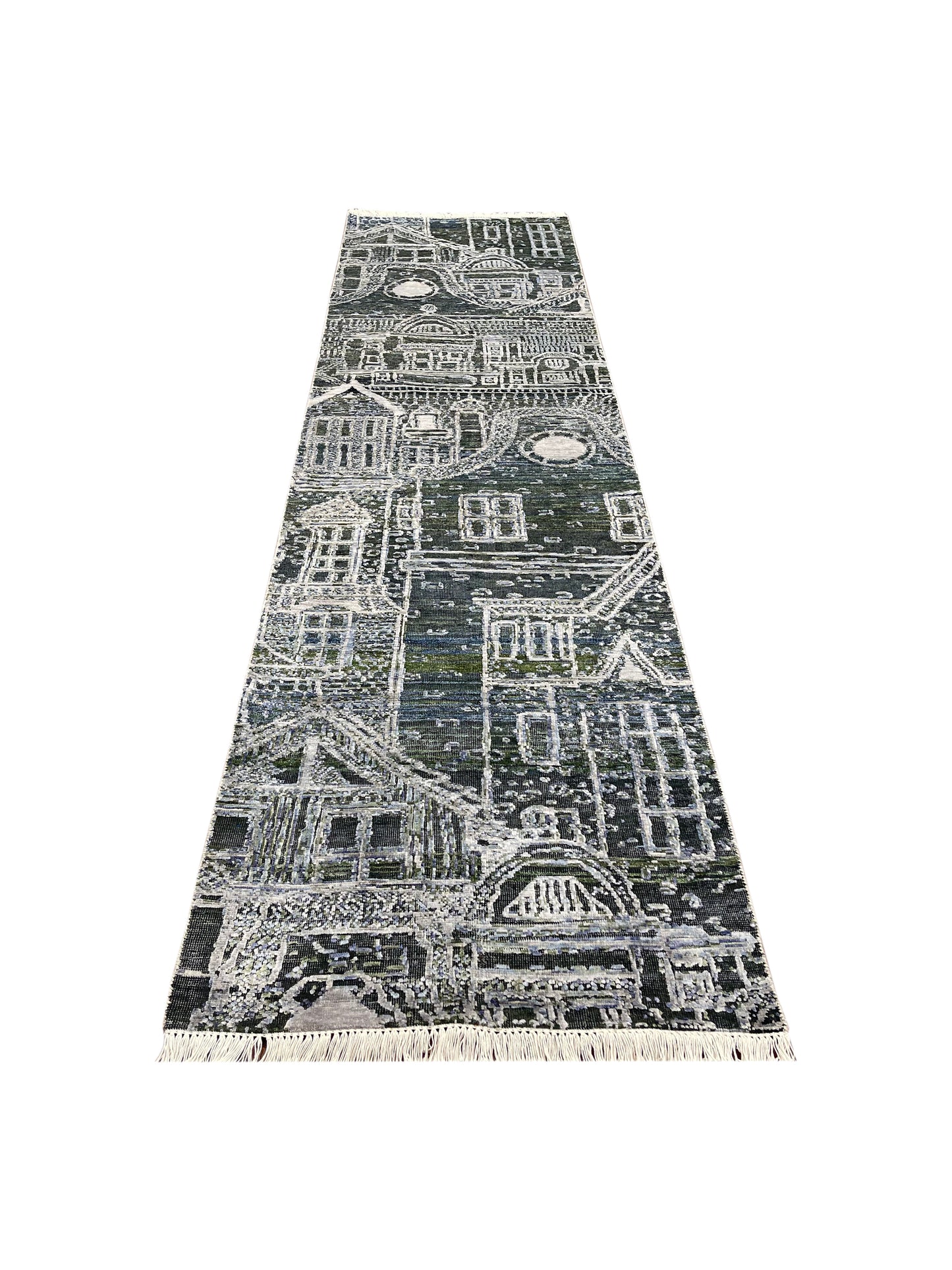 Silver and Grey, Viscose and Wool Oxidized Abstract Modern Handknotted 2.7x9.9Ft 78x296Cms Area Rug