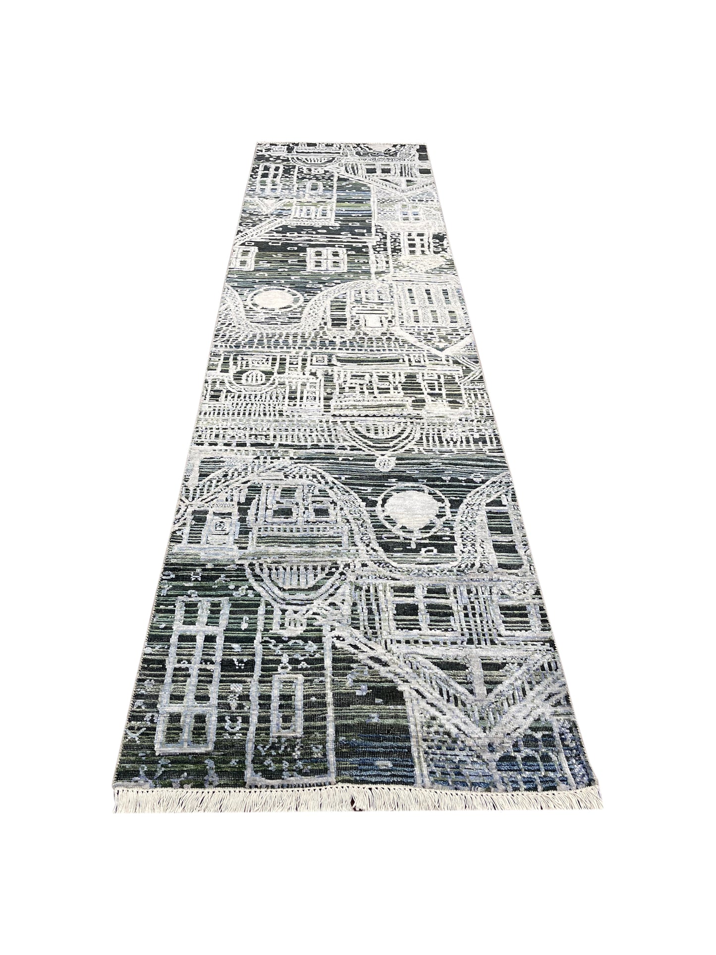 Silver and Grey, Viscose and Wool Oxidized Abstract Modern Handknotted 2.7x9.9Ft 78x296Cms Area Rug