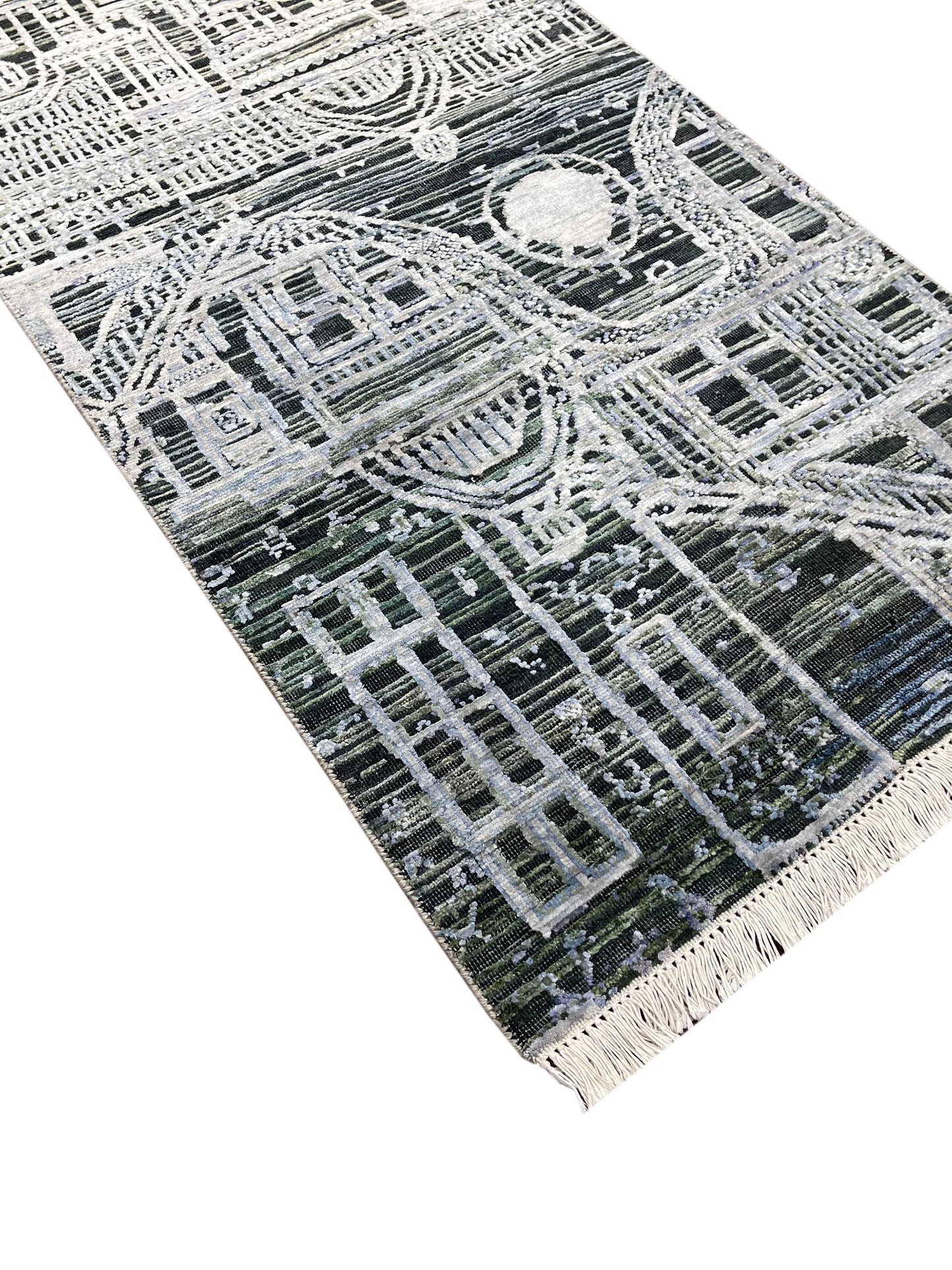 Silver and Grey, Viscose and Wool Oxidized Abstract Modern Handknotted 2.7x9.9Ft 78x296Cms Area Rug