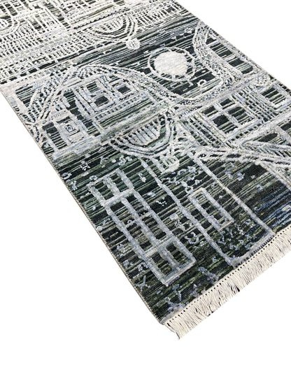 Silver and Grey, Viscose and Wool Oxidized Abstract Modern Handknotted 2.7x9.9Ft 78x296Cms Area Rug