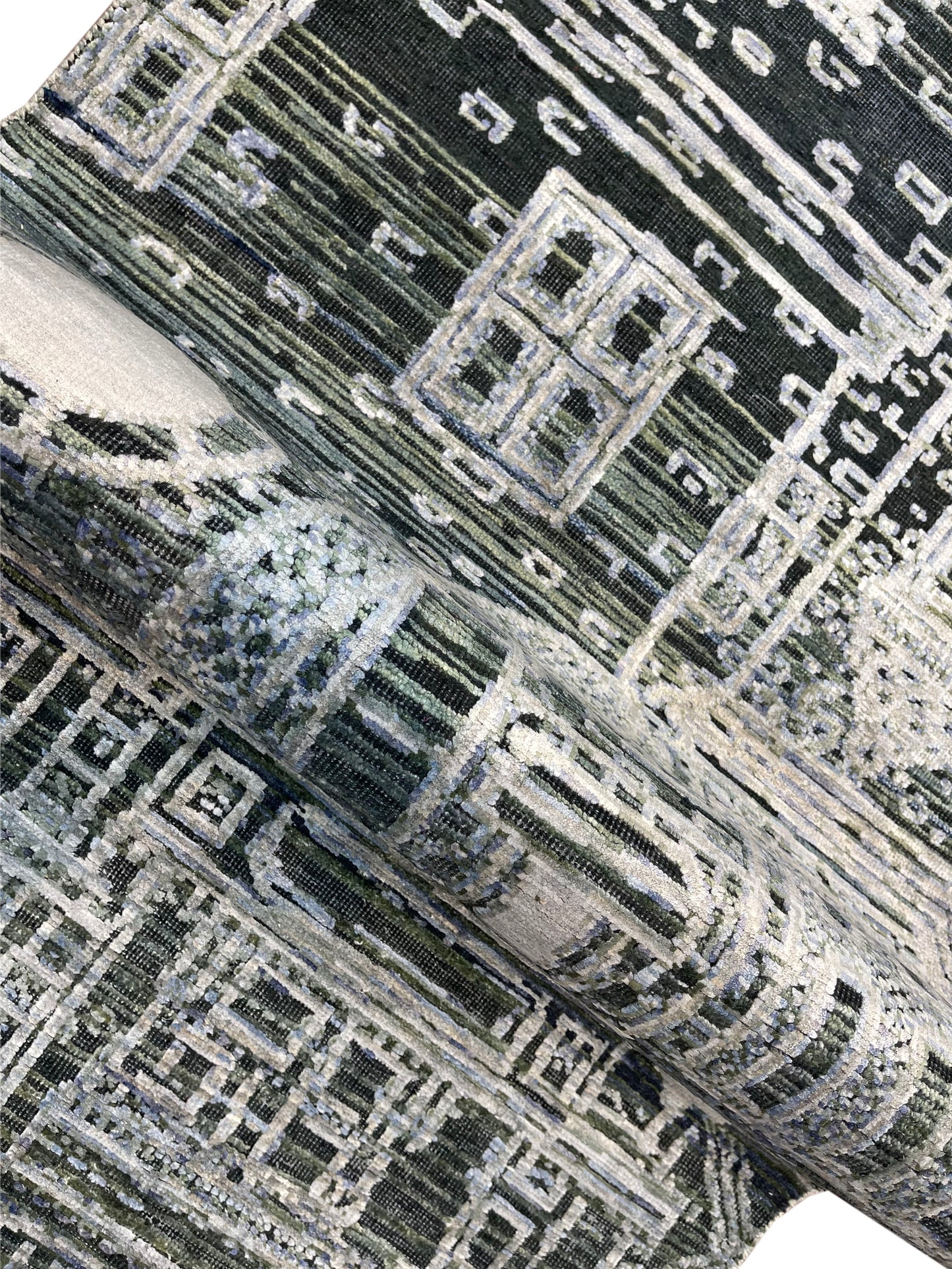 Silver and Grey, Viscose and Wool Oxidized Abstract Modern Handknotted 2.7x9.9Ft 78x296Cms Area Rug