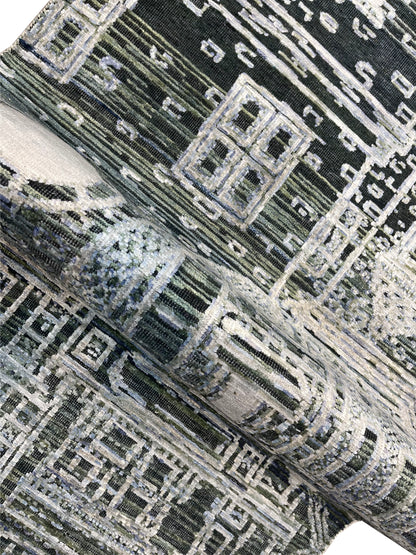 Silver and Grey, Viscose and Wool Oxidized Abstract Modern Handknotted 2.7x9.9Ft 78x296Cms Area Rug