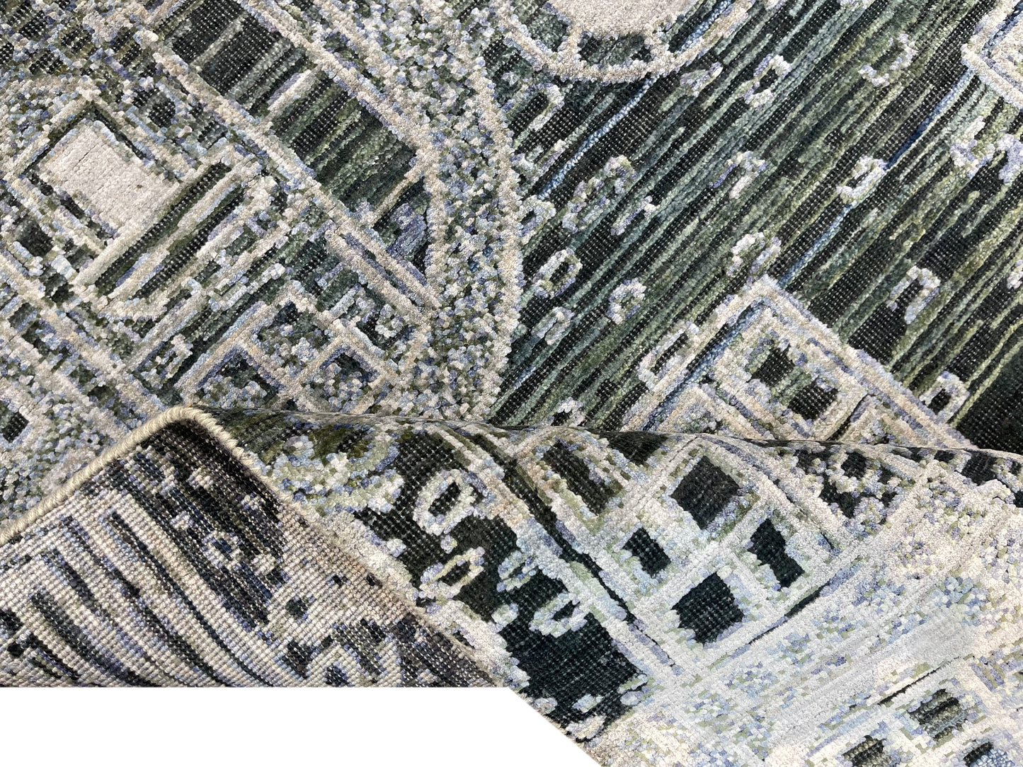 Silver and Grey, Viscose and Wool Oxidized Abstract Modern Handknotted 2.7x9.9Ft 78x296Cms Area Rug