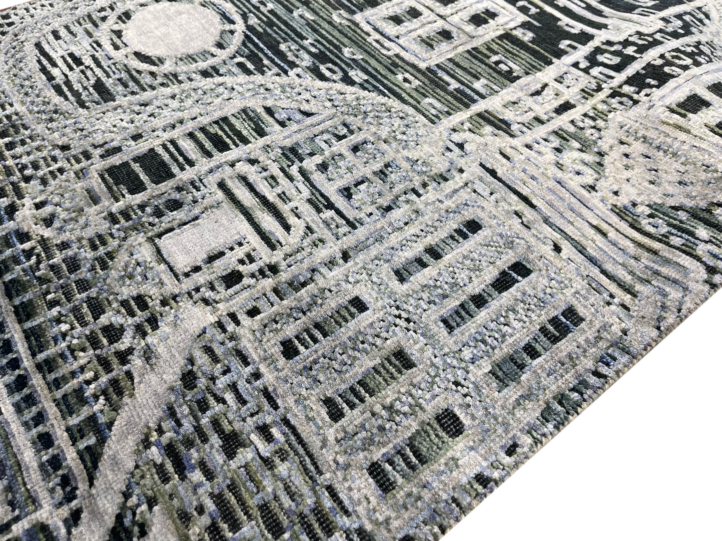 Silver and Grey, Viscose and Wool Oxidized Abstract Modern Handknotted 2.7x9.9Ft 78x296Cms Area Rug