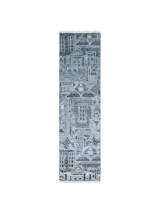 Grey and Silver, Viscose and Wool Oxidized Modern Abstract Handknotted 2.7x9.9Ft 78x296Cms Area Rug