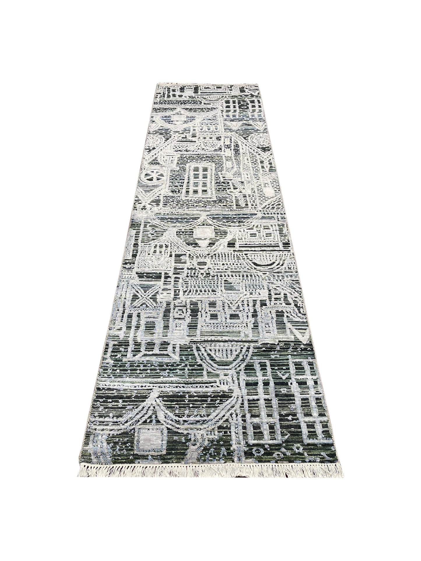 Grey and Silver, Viscose and Wool Oxidized Modern Abstract Handknotted 2.7x9.9Ft 78x296Cms Area Rug