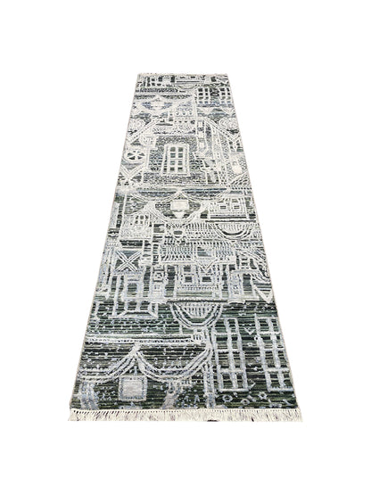 Grey and Silver, Viscose and Wool Oxidized Modern Abstract Handknotted 2.7x9.9Ft 78x296Cms Area Rug