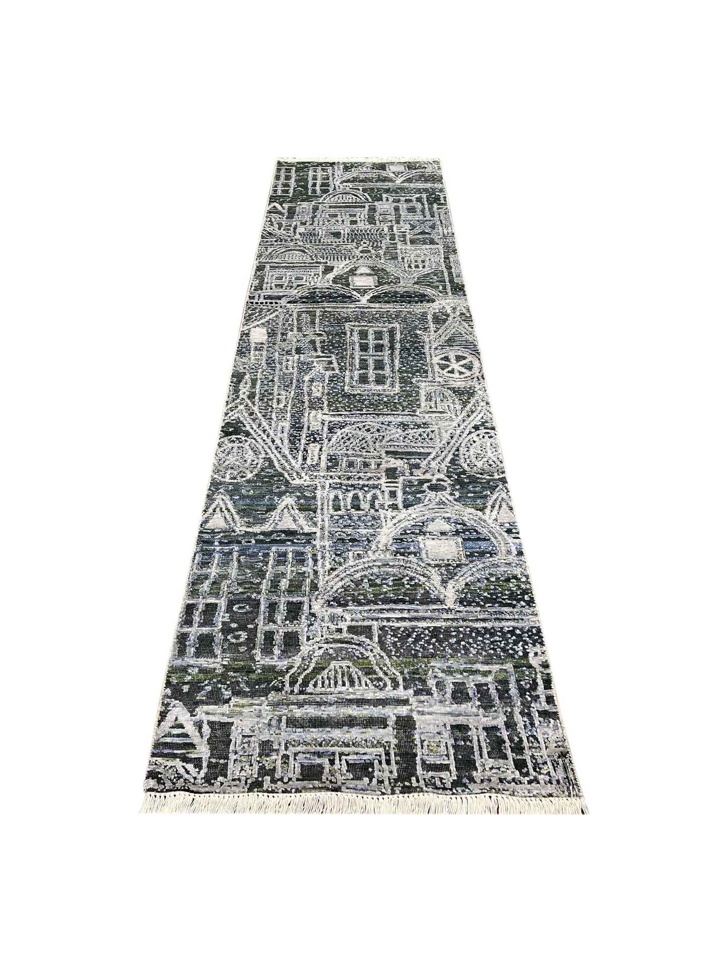 Grey and Silver, Viscose and Wool Oxidized Modern Abstract Handknotted 2.7x9.9Ft 78x296Cms Area Rug