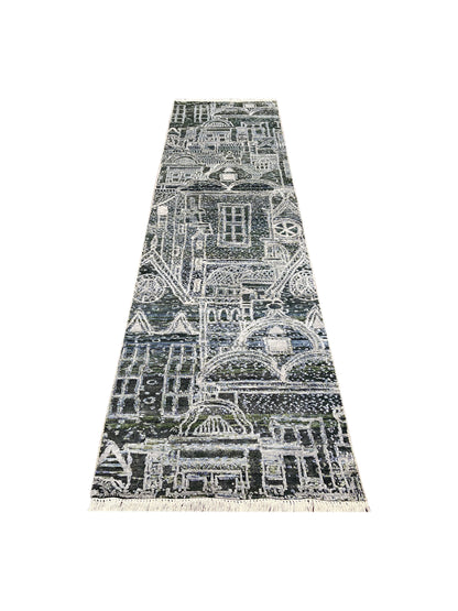 Grey and Silver, Viscose and Wool Oxidized Modern Abstract Handknotted 2.7x9.9Ft 78x296Cms Area Rug