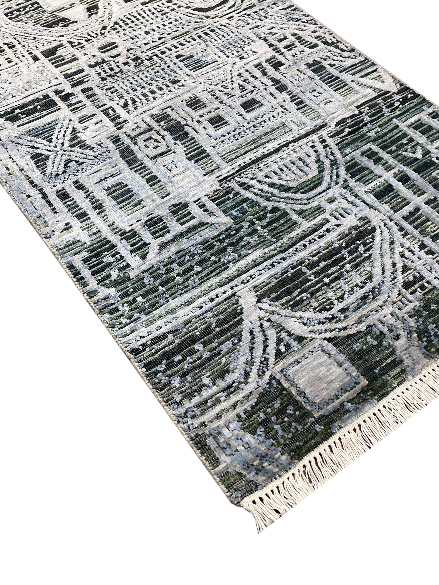 Grey and Silver, Viscose and Wool Oxidized Modern Abstract Handknotted 2.7x9.9Ft 78x296Cms Area Rug
