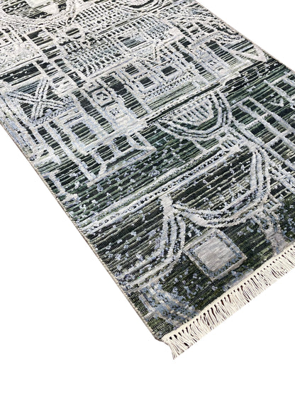 Grey and Silver, Viscose and Wool Oxidized Modern Abstract Handknotted 2.7x9.9Ft 78x296Cms Area Rug