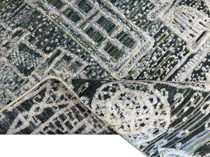 Grey and Silver, Viscose and Wool Oxidized Modern Abstract Handknotted 2.7x9.9Ft 78x296Cms Area Rug