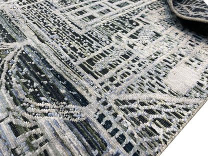 Grey and Silver, Viscose and Wool Oxidized Modern Abstract Handknotted 2.7x9.9Ft 78x296Cms Area Rug