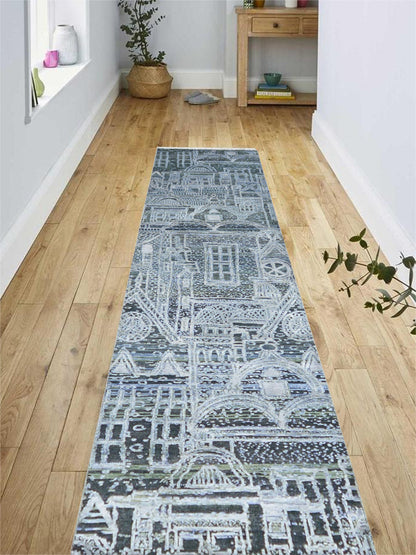 Grey and Silver, Viscose and Wool Oxidized Modern Abstract Handknotted 2.7x9.9Ft 78x296Cms Area Rug