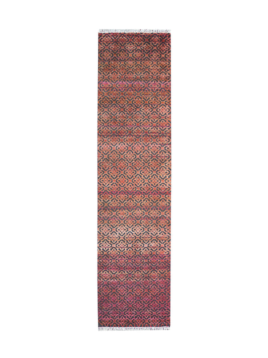 Red and Black Transitional Handknotted Runner Rug 3X11.9ft 92x357cms