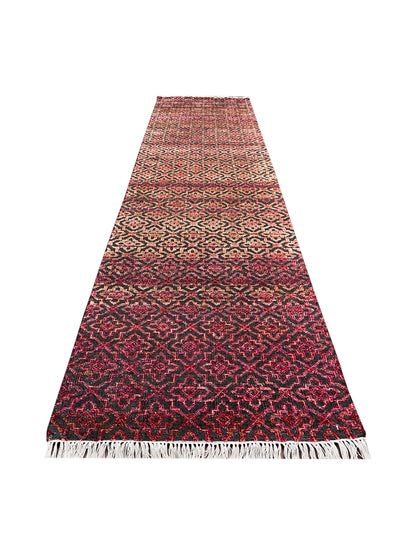 Red and Black Transitional Handknotted Runner Rug 3X11.9ft 92x357cms