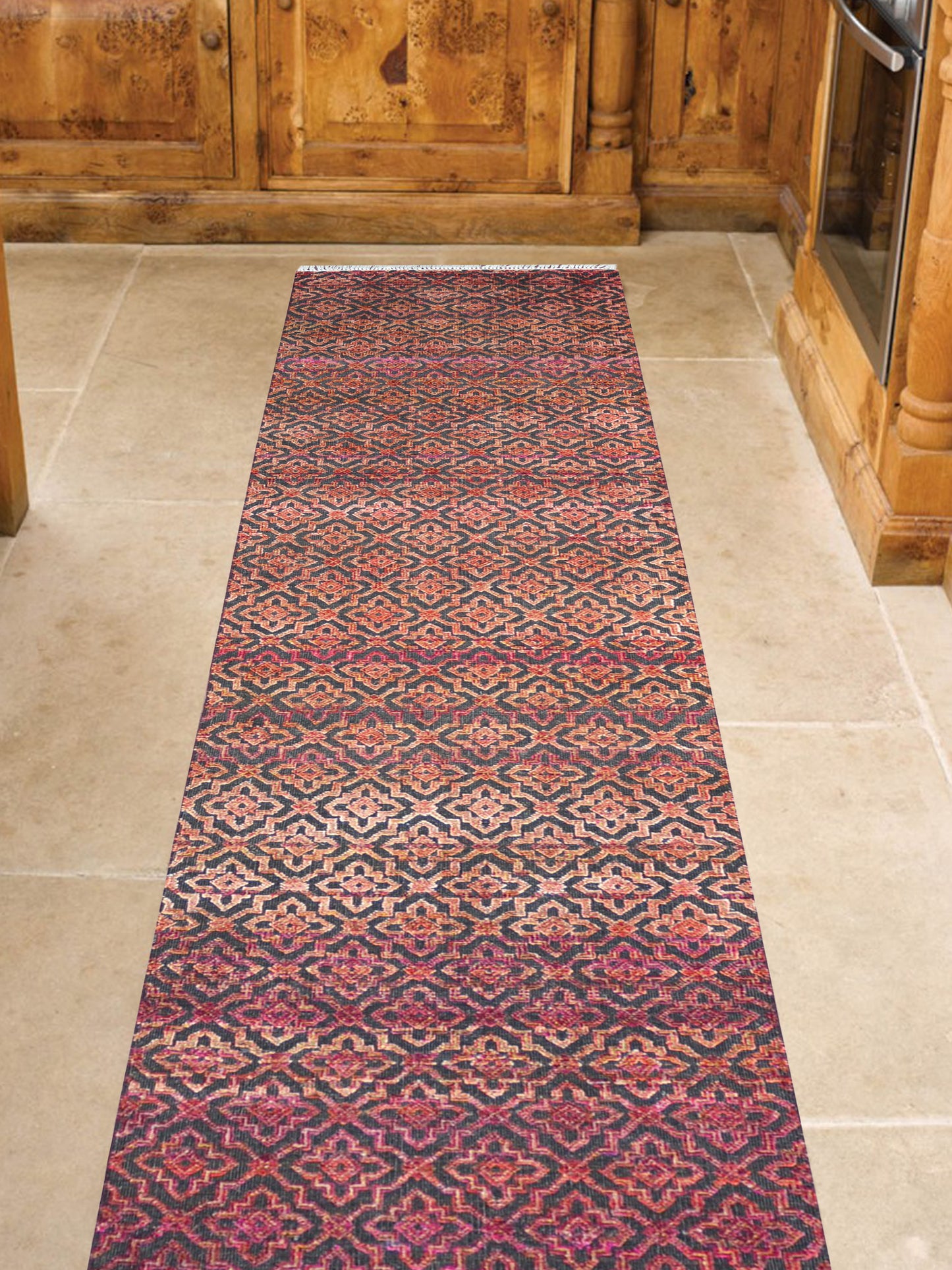 Red and Black, Sari Silk and Wool Oxidized Modern Damask Handknotted 2.10x11.8Ft 86x355Cms Area Rug