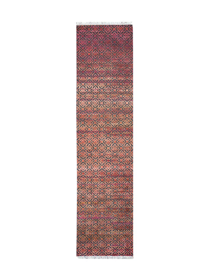 Red and Black, Sari Silk and Wool Oxidized Modern Damask Handknotted 2.10x11.8Ft 85x355Cms Area Rug
