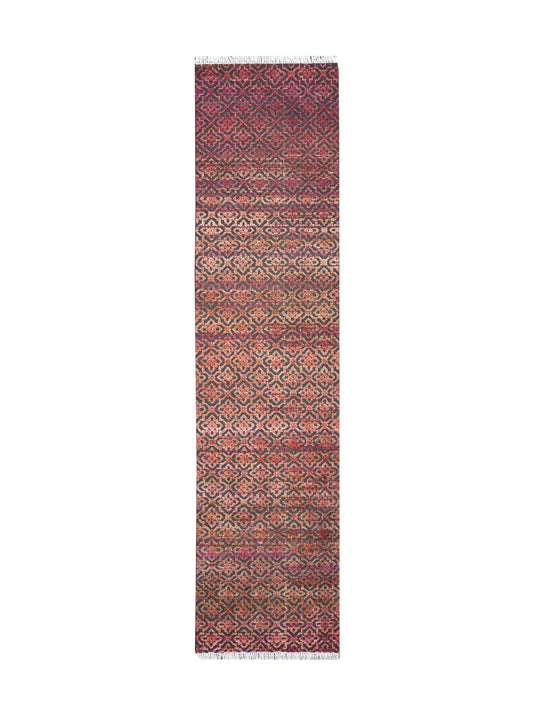 Red and Black, Sari Silk and Wool Oxidized Modern Damask Handknotted 2.10x11.8Ft 85x355Cms Area Rug