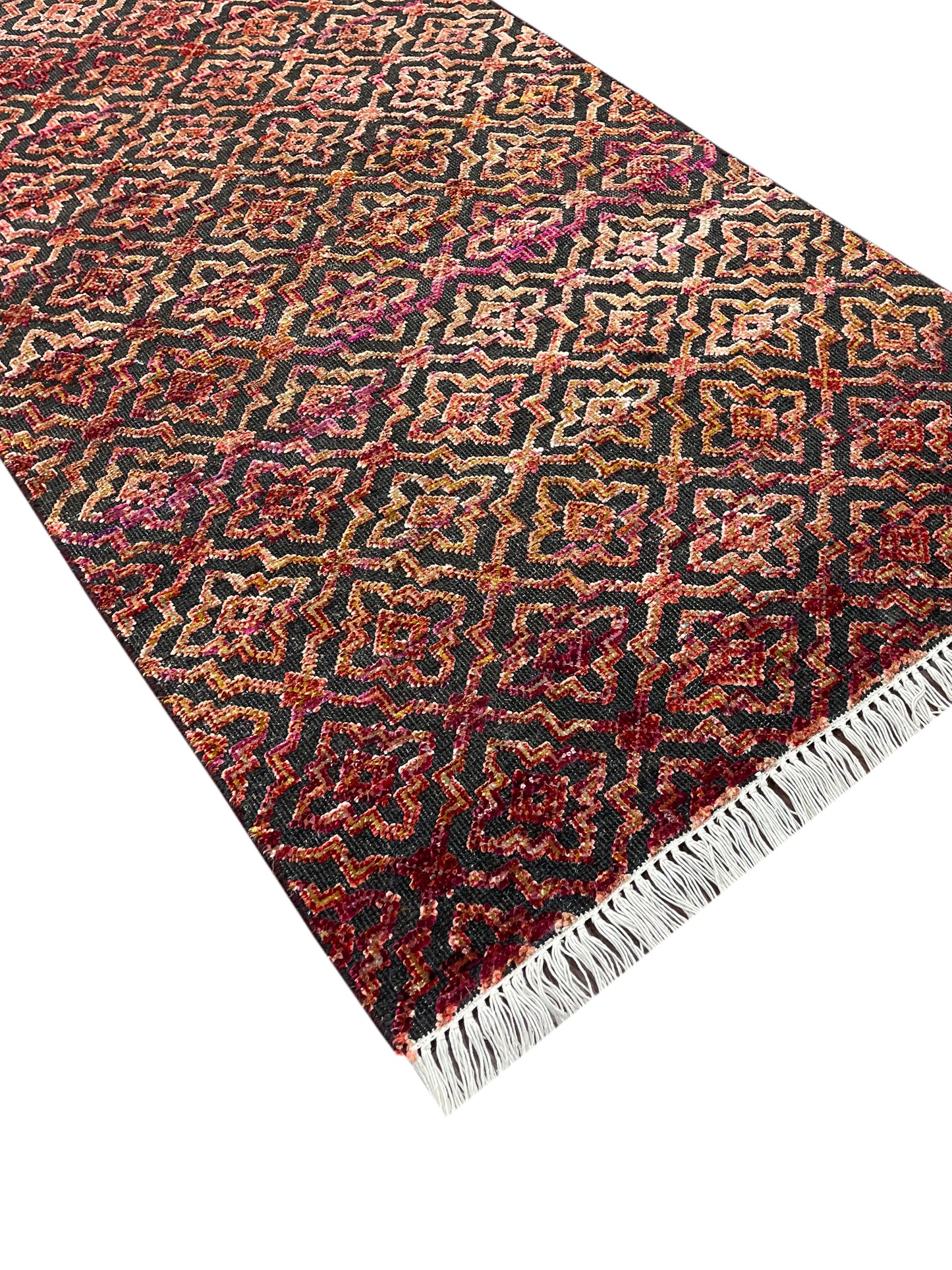Red and Black, Sari Silk and Wool Oxidized Modern Damask Handknotted 2.10x11.8Ft 85x355Cms Area Rug