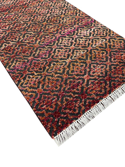 Red and Black, Sari Silk and Wool Oxidized Modern Damask Handknotted 2.10x11.8Ft 85x355Cms Area Rug
