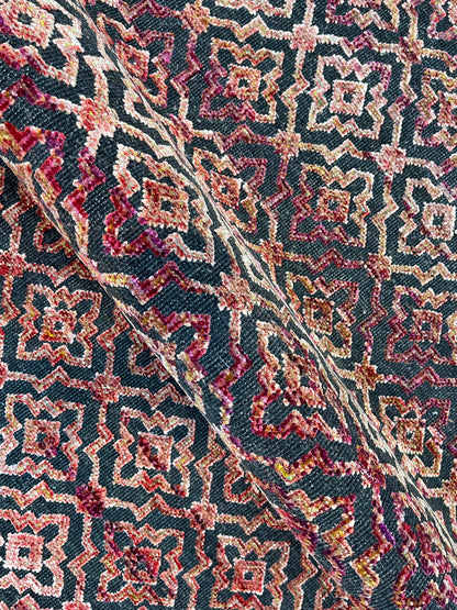 Red and Black, Sari Silk and Wool Oxidized Modern Damask Handknotted 2.10x11.8Ft 85x355Cms Area Rug