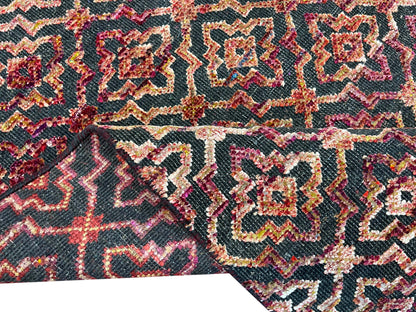 Red and Black, Sari Silk and Wool Oxidized Modern Damask Handknotted 2.10x11.8Ft 85x355Cms Area Rug