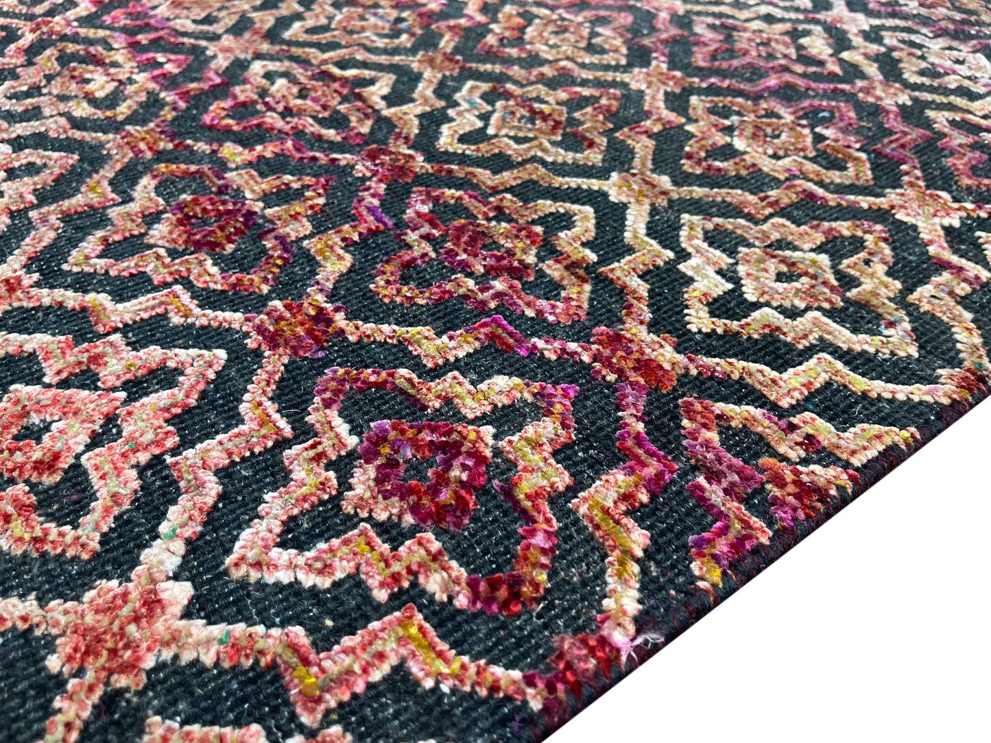 Red and Black, Sari Silk and Wool Oxidized Modern Damask Handknotted 2.10x11.8Ft 85x355Cms Area Rug