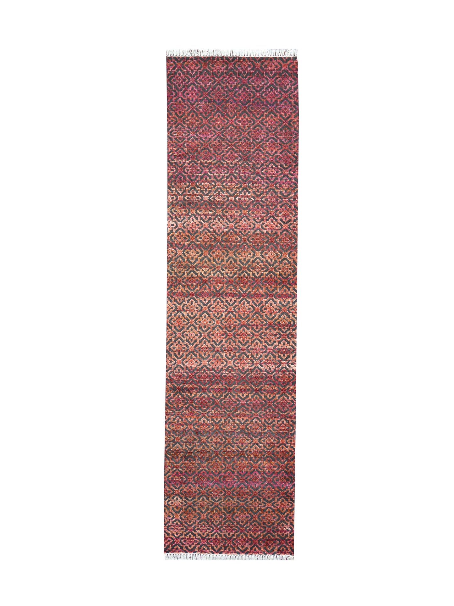 Red and Black Transitional Handknotted Runner Rug 3X11.9ft 92x357cms