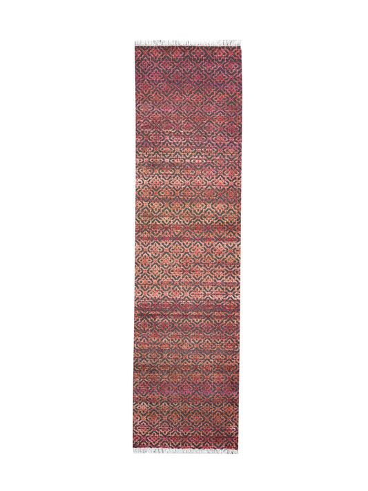 Red and Black Transitional Handknotted Runner Rug 3X11.9ft 92x357cms