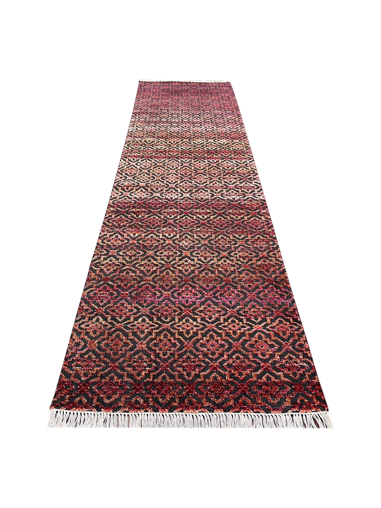 Red and Black Transitional Handknotted Runner Rug 3X11.9ft 92x357cms