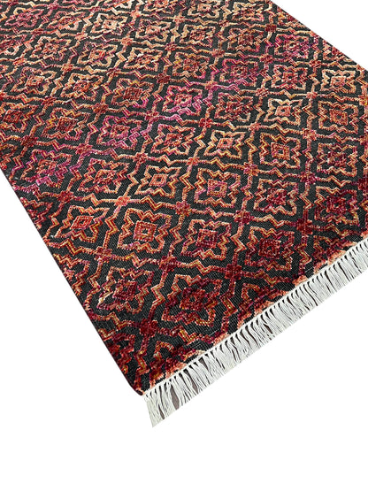 Red and Black Transitional Handknotted Runner Rug 3X11.9ft 92x357cms