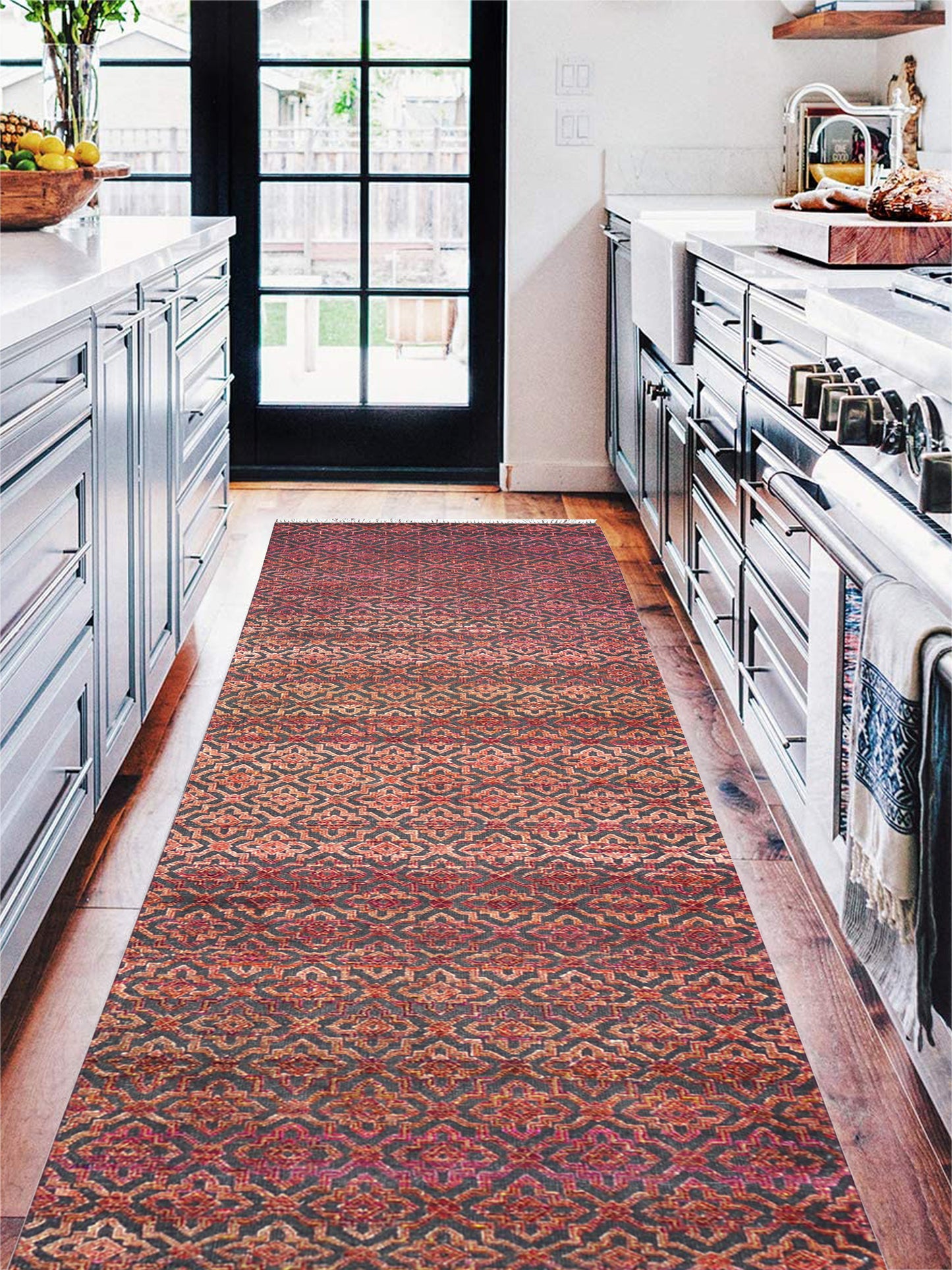 Red and Black Transitional Handknotted Runner Rug 3X11.9ft 92x357cms
