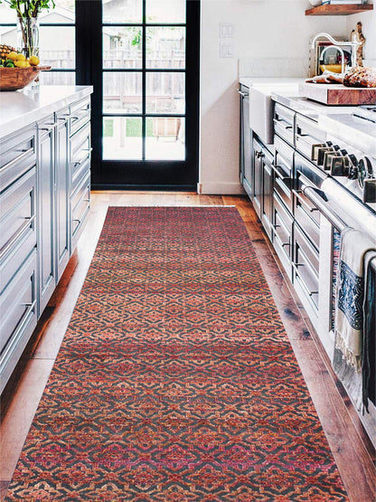 Red and Black Transitional Handknotted Runner Rug 3X11.9ft 92x357cms
