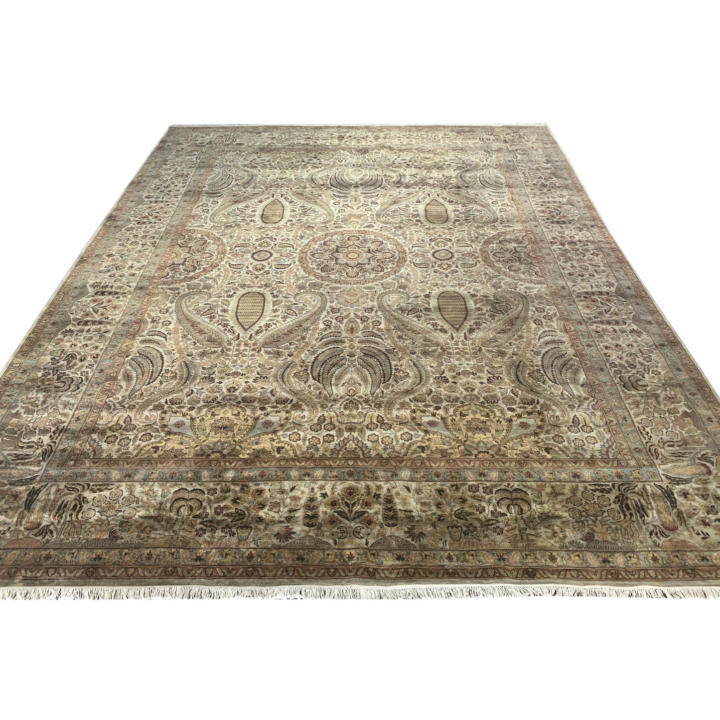 Ivory and Beige, Pure Wool Regular Traditional Persian Handknotted 11.10x15.6Ft 360x471Cms Area Rug
