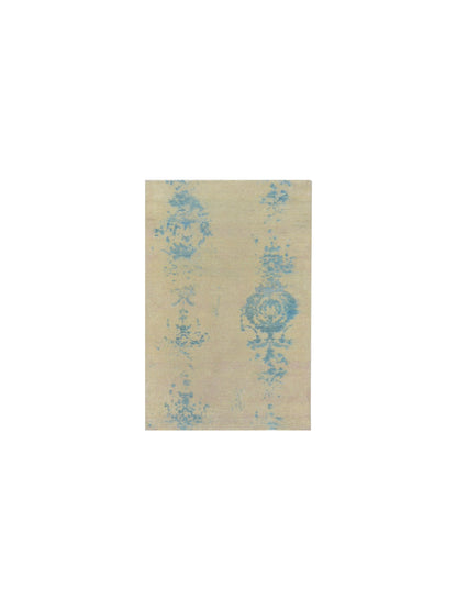 Beige and Blue, Silk and Wool Regular Modern Handknotted 3.2x4.11Ft 95x157Cms Area Rug