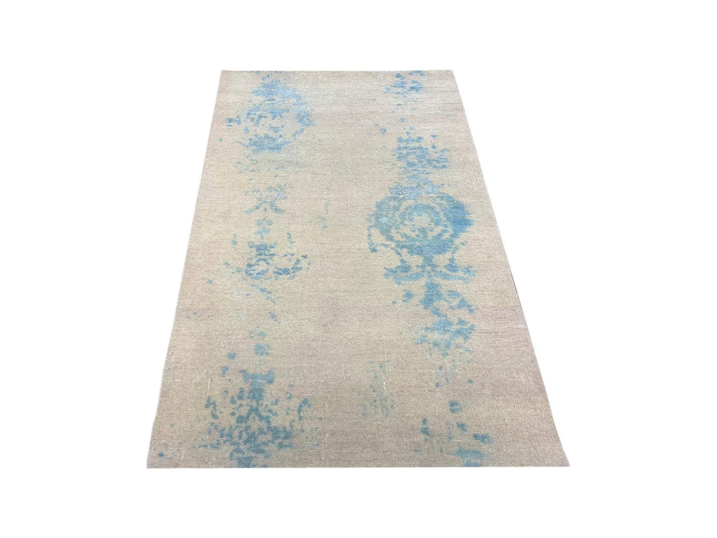 Beige and Blue, Silk and Wool Regular Modern Handknotted 3.2x4.11Ft 95x157Cms Area Rug