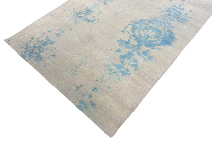 Beige and Blue, Silk and Wool Regular Modern Handknotted 3.2x4.11Ft 95x157Cms Area Rug