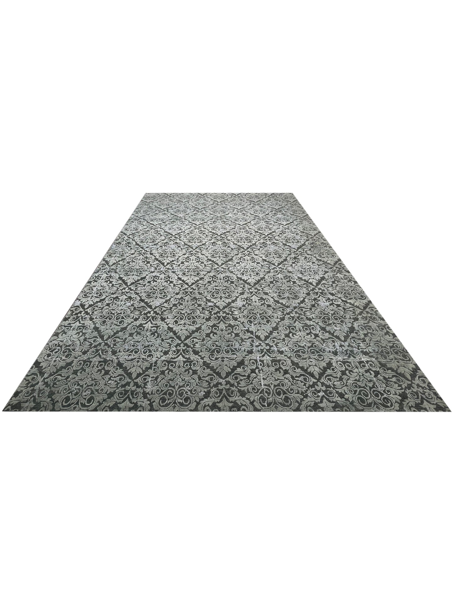 Grey and Silver, Silk and Wool Oxidized Transitional Handknotted 9.0x12.0Ft 275x365Cms Area Rug