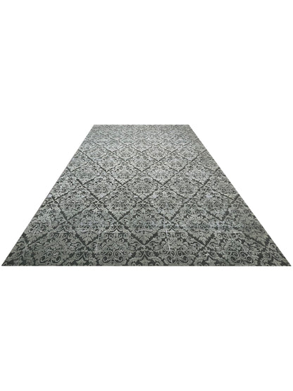 Grey and Silver, Silk and Wool Oxidized Transitional Handknotted 9.0x12.0Ft 275x365Cms Area Rug