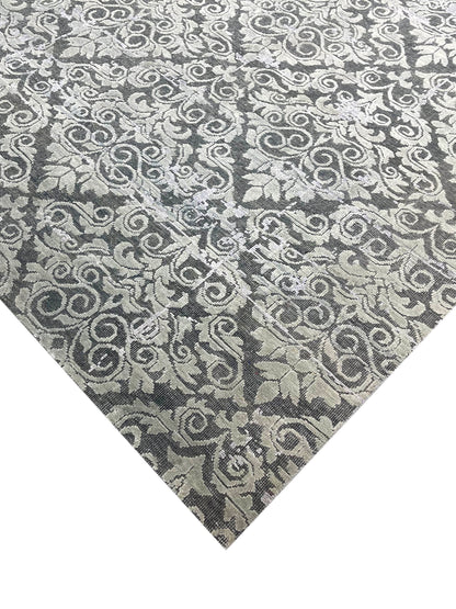Grey and Silver, Silk and Wool Oxidized Transitional Handknotted 9.0x12.0Ft 275x365Cms Area Rug