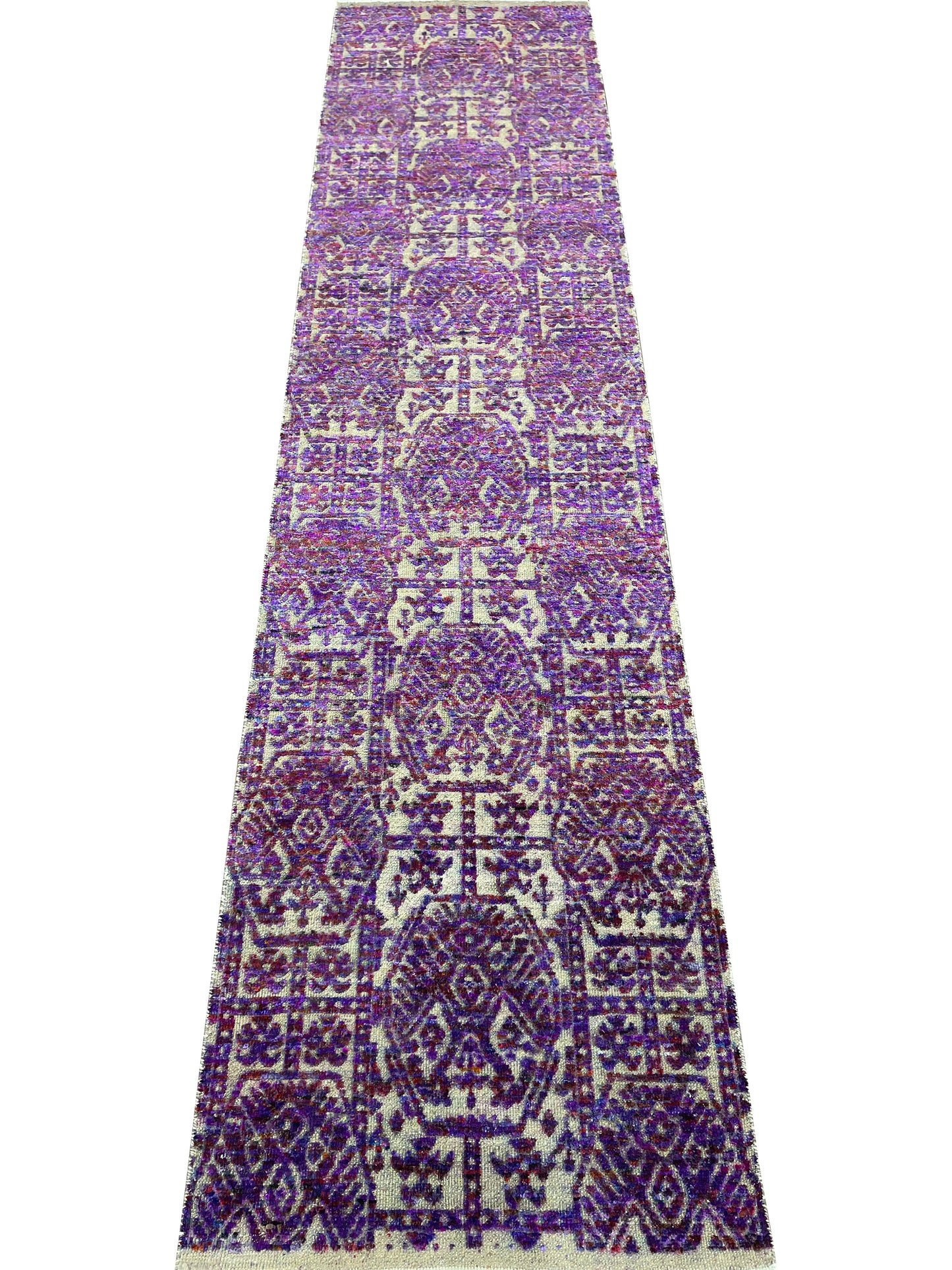 Purple and Ivory, Sari Silk and Wool Oxidized Transitional Handknotted 2.5x9.11Ft 73x302Cms Area Rug