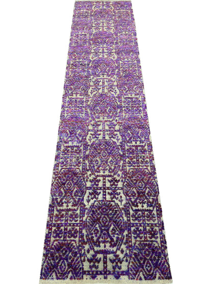 Purple and Ivory, Sari Silk and Wool Oxidized Transitional Handknotted 2.5x9.11Ft 73x302Cms Area Rug