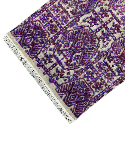 Purple and Ivory, Sari Silk and Wool Oxidized Transitional Handknotted 2.5x9.11Ft 73x302Cms Area Rug