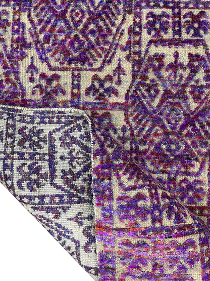 Purple and Ivory, Sari Silk and Wool Oxidized Transitional Handknotted 2.5x9.11Ft 73x302Cms Area Rug